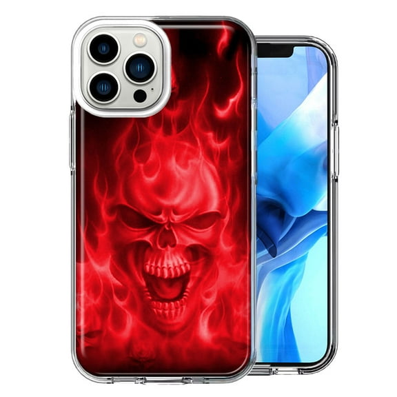 MUNDAZE Case for Apple iPhone 15 Pro Max Slim Hard Shell Soft TPU Hybrid Shockproof Heavy Duty Protective Phone Cover - Red Flaming Skull