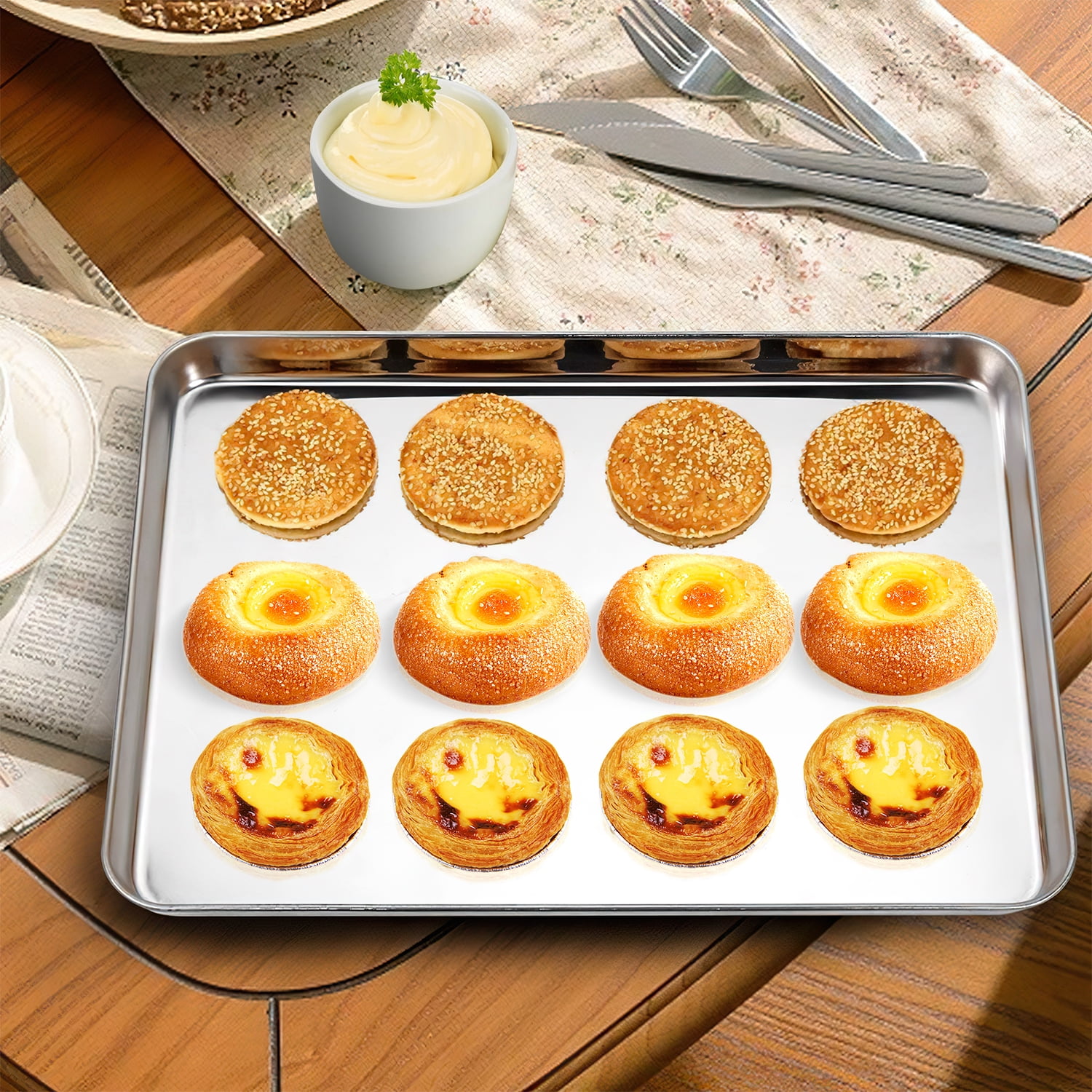 GPED Baking Sheet Pan Set of 3, 16/12/10.5 Inch, Stainless Steel Cookie Tray Pans Set for Oven, Rectangle Baking Tray for Cooking Roasting, Non Toxic & Easy Clean, Dishwasher Safe