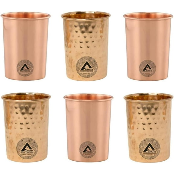 Copper Glasses Drinking Water Set of 6 Ayurvedic Health Tumblers Copper Cups 10.14 Oz (300 ml) Hammered Plain