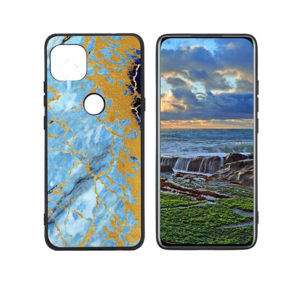 Compatible with Moto One 5G Ace Phone Case, Blue Golden Marble 33 Case Men Women, Flexible Silicone Shockproof Case for Moto One 5G Ace