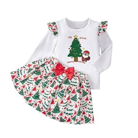 

Baby Girl Outfits 3Pc Letters Cartoon Chrismas Tree Printed Long Sleeve Romper Short Skirt Kid Outfits