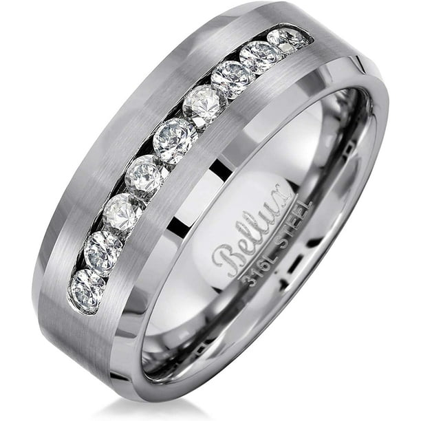 Bellux Style Mens Wedding Bands Stainless Steel Beveled