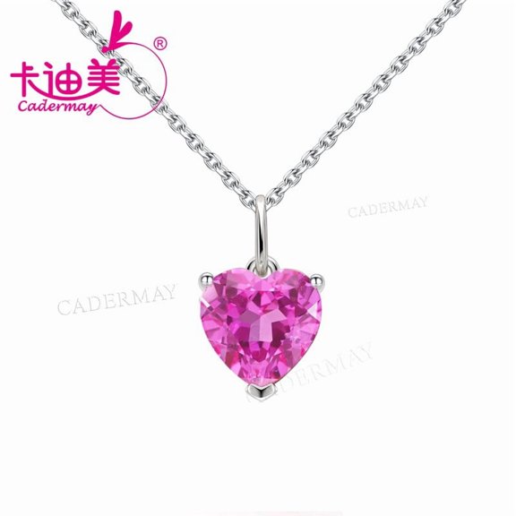 CADERMAY 9x9mm Heart Cut Lab Grown Pink Sapphire With Inclusions S925 Sterling Silver Chain Necklace For Women Jewelry Wedding Anniversary Gifts