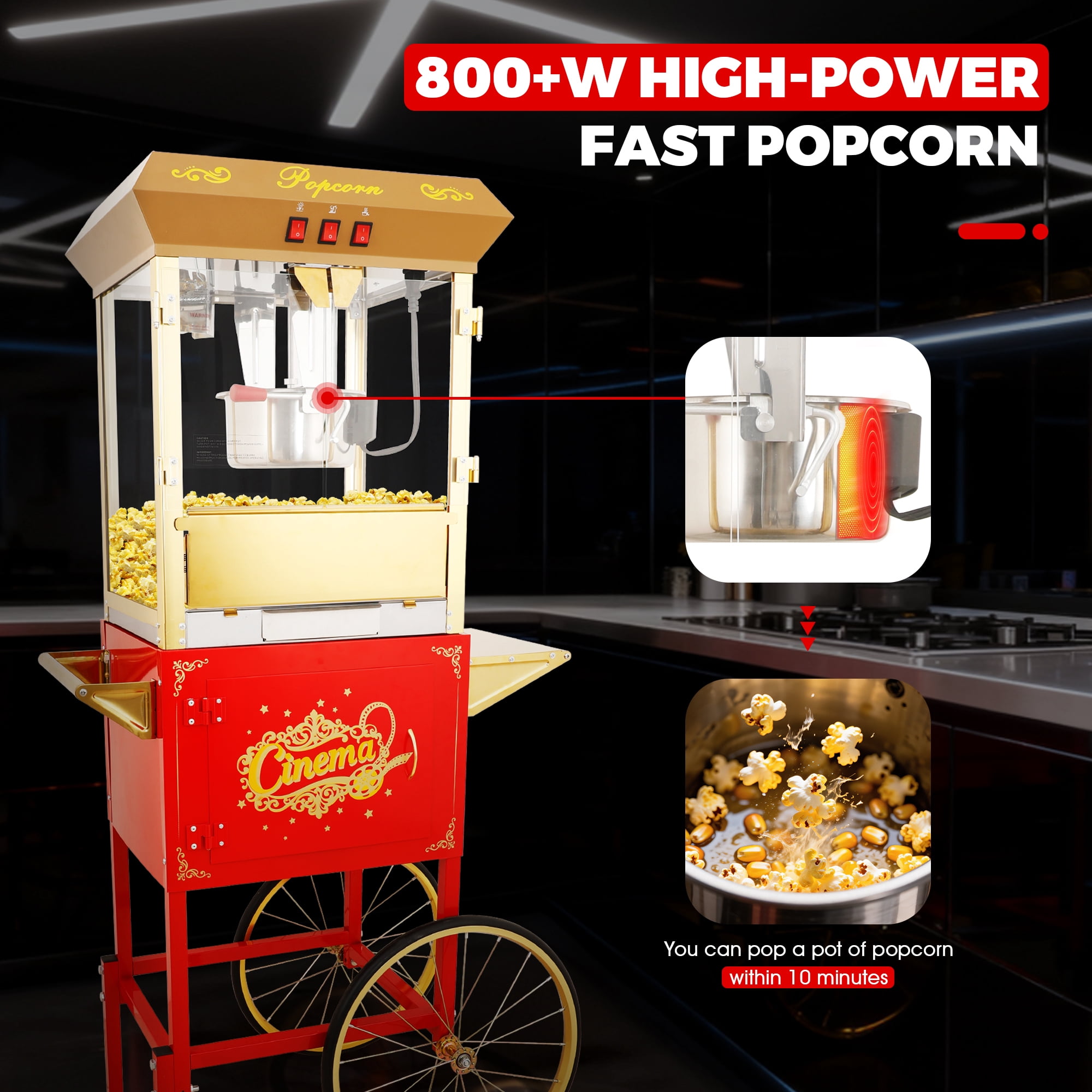 Leumius 16Oz Commercial Popcorn Machine With Cart and 16 Oz Kettle, Red Golden Pop Corn Machine with 3-Switch Control & Steel Frame Tempered Glass Doors for Parties, Events, Home Theater Red