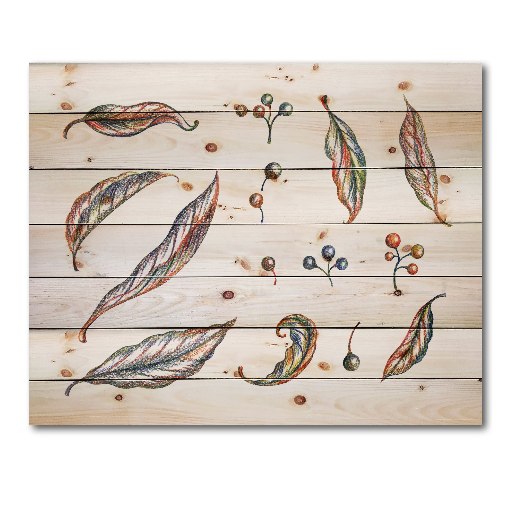 Designart 'Leaves and Berries Of Wild Grapes' Bohemian & Eclectic Print on Natural Pine Wood