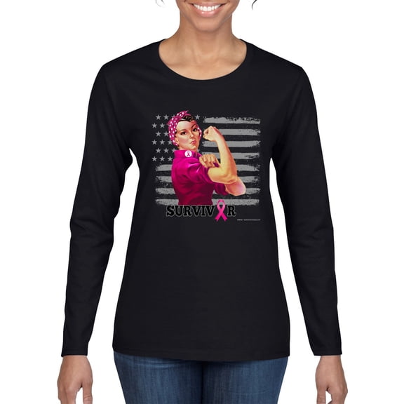 Wild Bobby Breast Cancer Survivor Distressed American Flag Breast Cancer Awareness Women Graphic Long Sleeve T-Shirt, Black, Small
