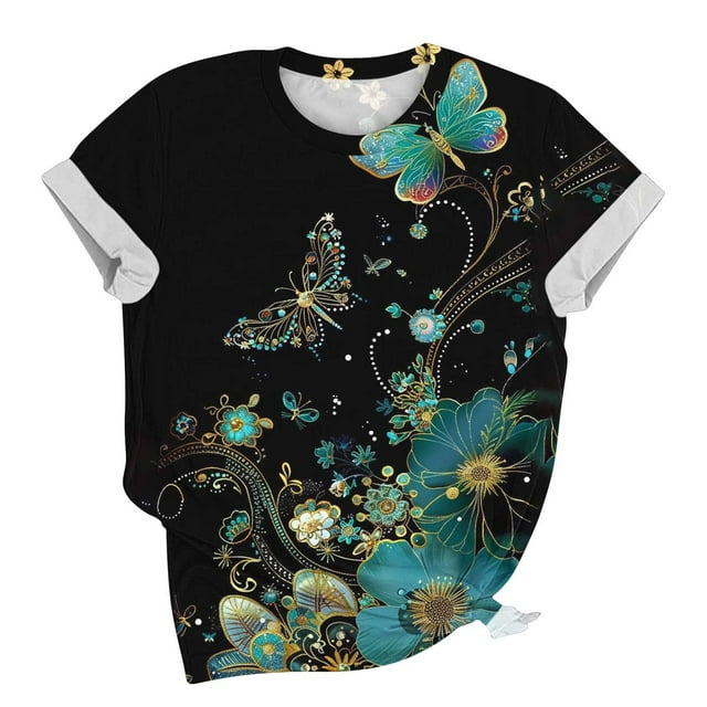 Hauts Mignons pour Femmes Chandail Décontracté à la Mode Imprimé Manches Courtes Col Rond Multicolore-1 XXXXXL