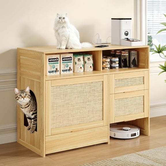 Hidden Cat Litter Box Furniture with Drawer, 42'' Litterbox Enclosure Cabinet with Storage, Boho Rattan Style Indoor Cat House Washroom, Fits Most of Litter Boxes