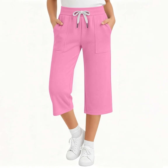 FSYBOA Girls Capri Pants, Drawstring Casual Relaxed Fit Elastic waist Kids Summer Capris Black Size 5-6T