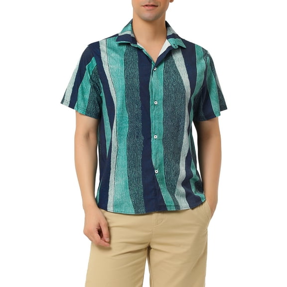 Lars Amadeus Men's Short Sleeve Button Down Stripes Color Block Printed Shirts