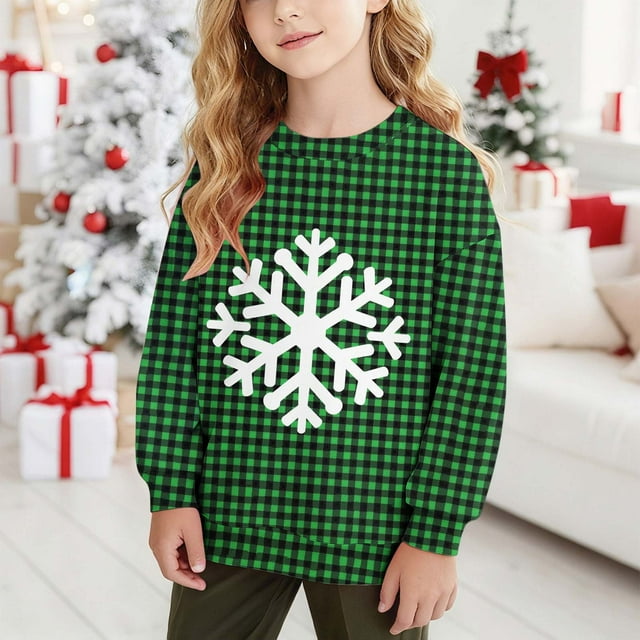 Cowsor Chandails en Molleton pour Filles Enfants Mignon Graphique Col Rond Chandail Tops Xmas Manches Longues Chemises de Vacances