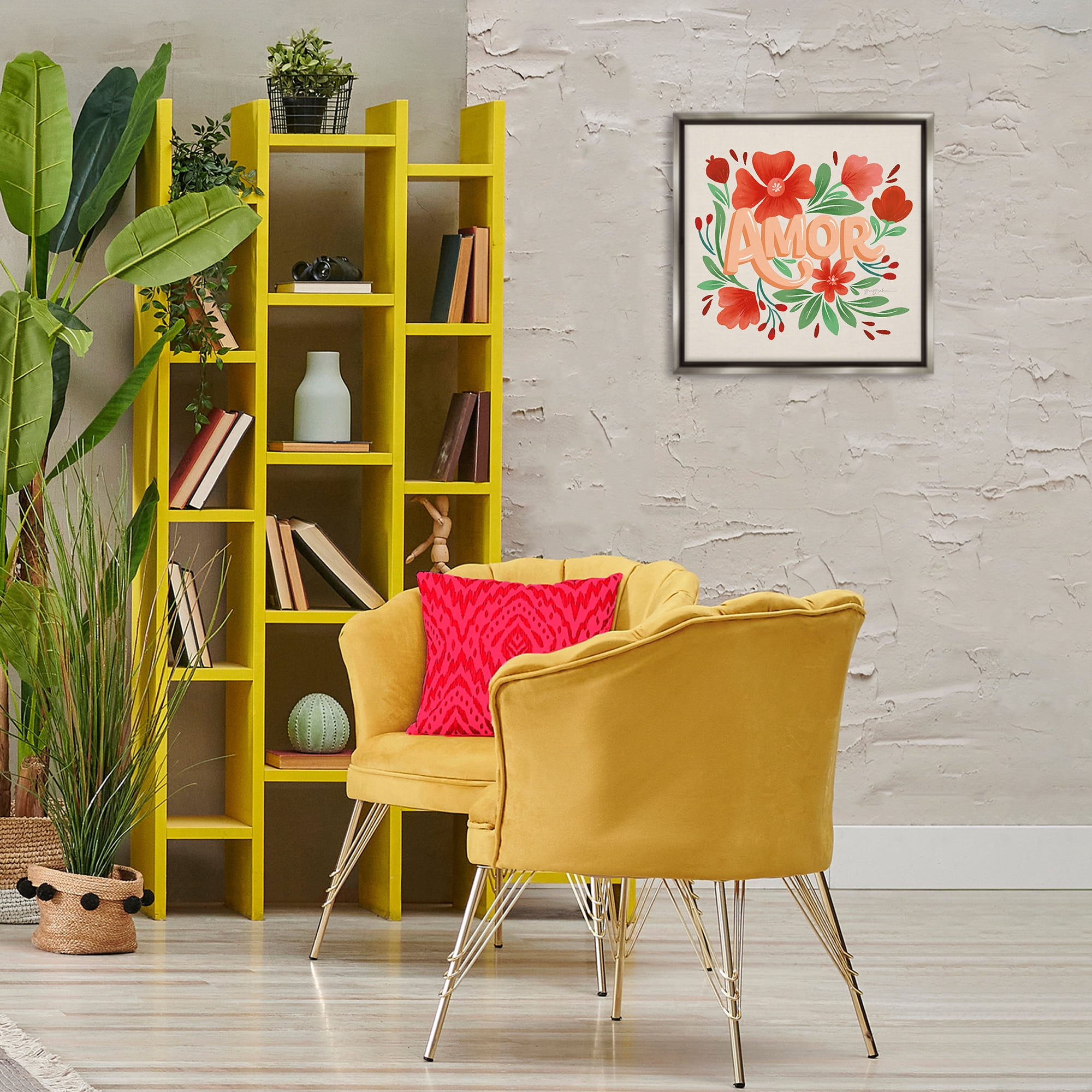 Stupell Industries Amor con Flores Rojas Floral & Botanical Painting Gray Floater Framed Art Print Wall Art, 18 x 18