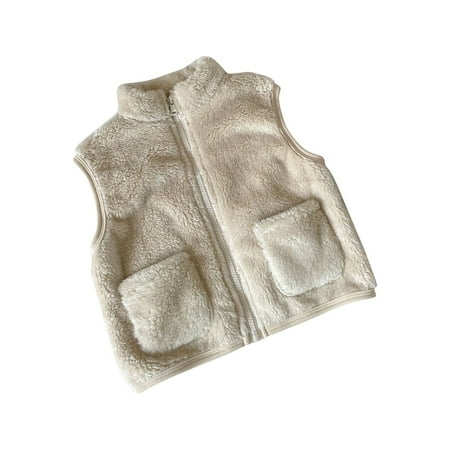 

BIZIZA Toddler Baby Vest Sleeveless High Neck Pockets Solid Color Plush Zip Up for 1-4Y Chlid Tops Beige 110