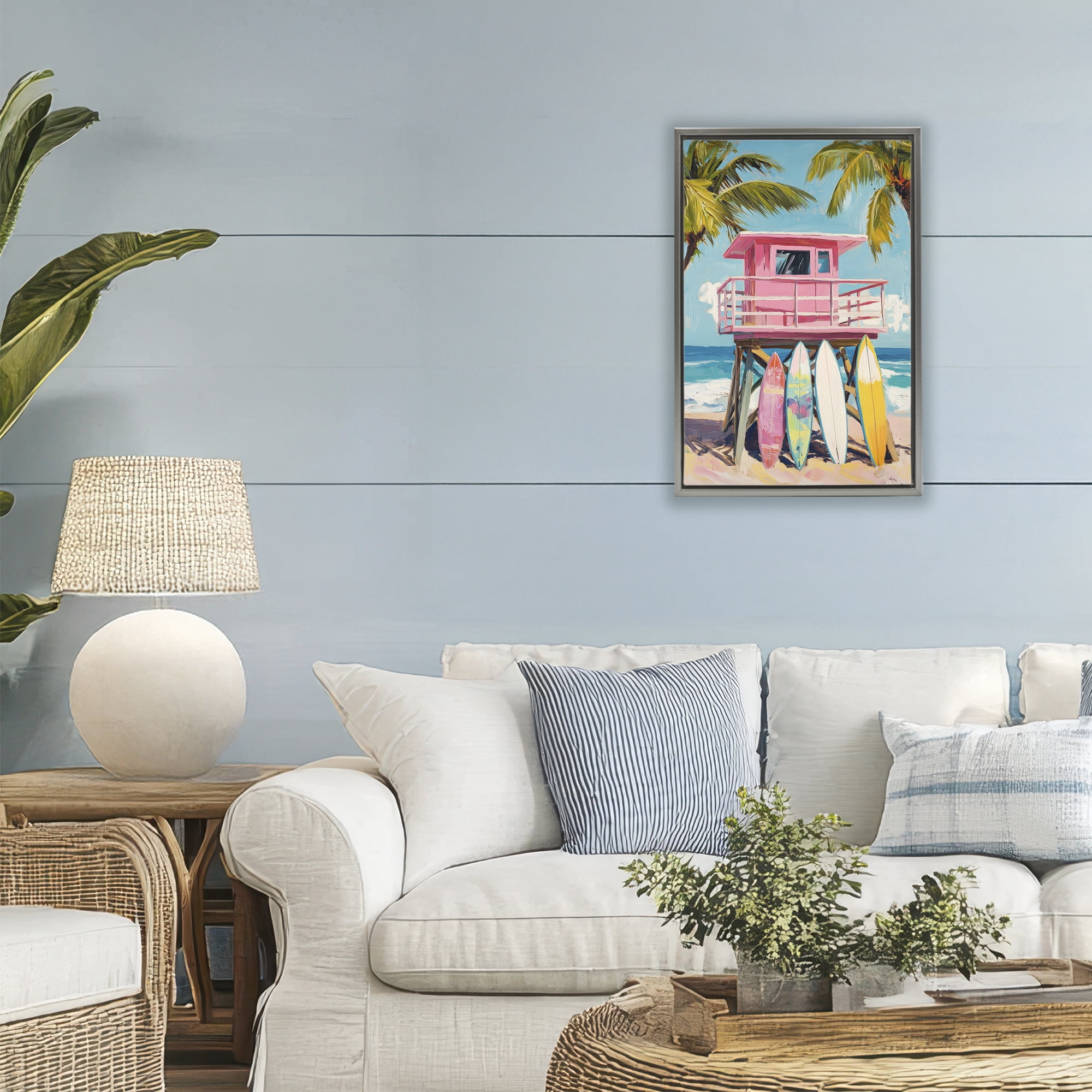 Stupell Industries High Pink Surf Shack Gray Framed Floater Canvas Wall Art, design by Petal Prints Design