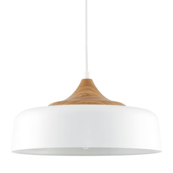 Kira Home Riley 16" Retro Modern Pendant Light   White Metal Shade, Adjustable Hanging Height, Wood Style Accent