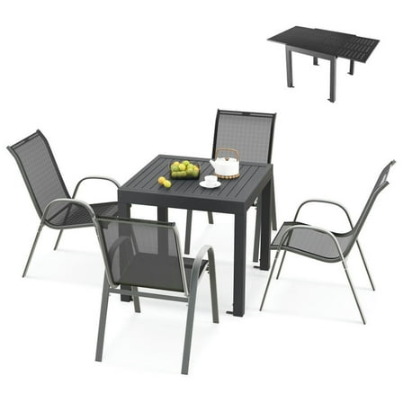 Spaco Outdoor Dining Table Set with Sturdy Metal Frame, Table Set with Extendable Aluminum Table and 4 Stackable Chairs, Dining Table Set for Outdoor as Garden, Patio, Gray
