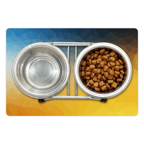 Yellow and Blue Pet Mat for Food and Water, Abstract Polygon Style Fractal Gradient Geometric Background Art, Non-Slip Rubber Mat for Dogs and Cats, 18" X 12", by Ambesonne