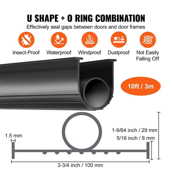 Garage Door Seals Bottom Rubber,U Shape  O Ring Garage Door Weather Stripping,Universal Weatherproof Threshold Buffering Sealing Rubber ,5/16"T-ends&3 3/4"Width (10 Ft,Black)