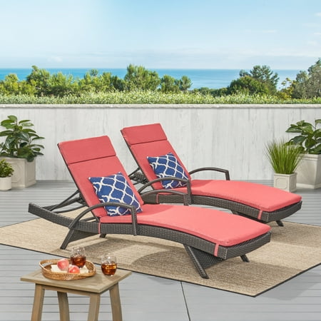 Anthony Outdoor Wicker Armed Chaise Lounges with Cushions Set of 2 Grey Red