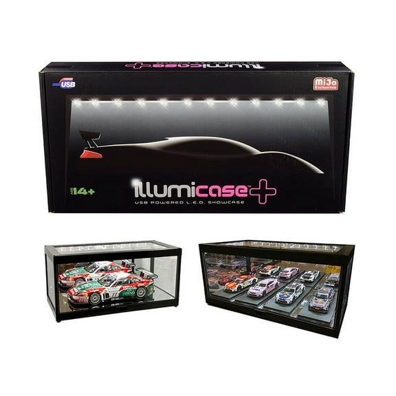 Black Collectible Display Show Case Illumicase  with LED Lights and Mirror Base and Back for 1/64 1/43 1/32 1/24 1/18 Scale Models by Illumibox