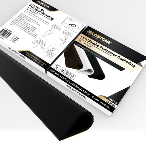 JELOSTONE 2 Pack - 20FT Fire/Smoke Perimeter Gasketing(Black) - Self-Adhesive Silicone Weather Stripping, 1/2" W x 1/4" TH, High Temp & Fire Rated, Soundproof & Weatherproof Seal, JS-SN86