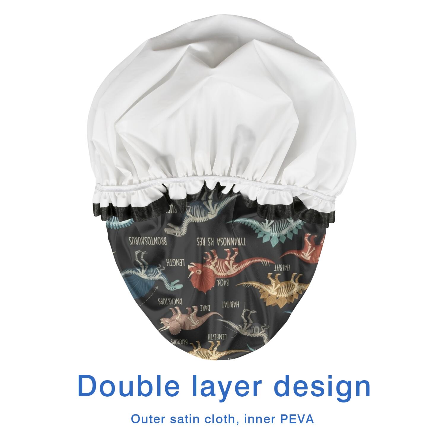 Shower Caps,Black Cartoon Dinosaurs Infos Pattern Waterproof Shower Cap for Women 4 Pieces,Double Reusable Hair Cover for Shower PEVA Elastic Stretch Hem