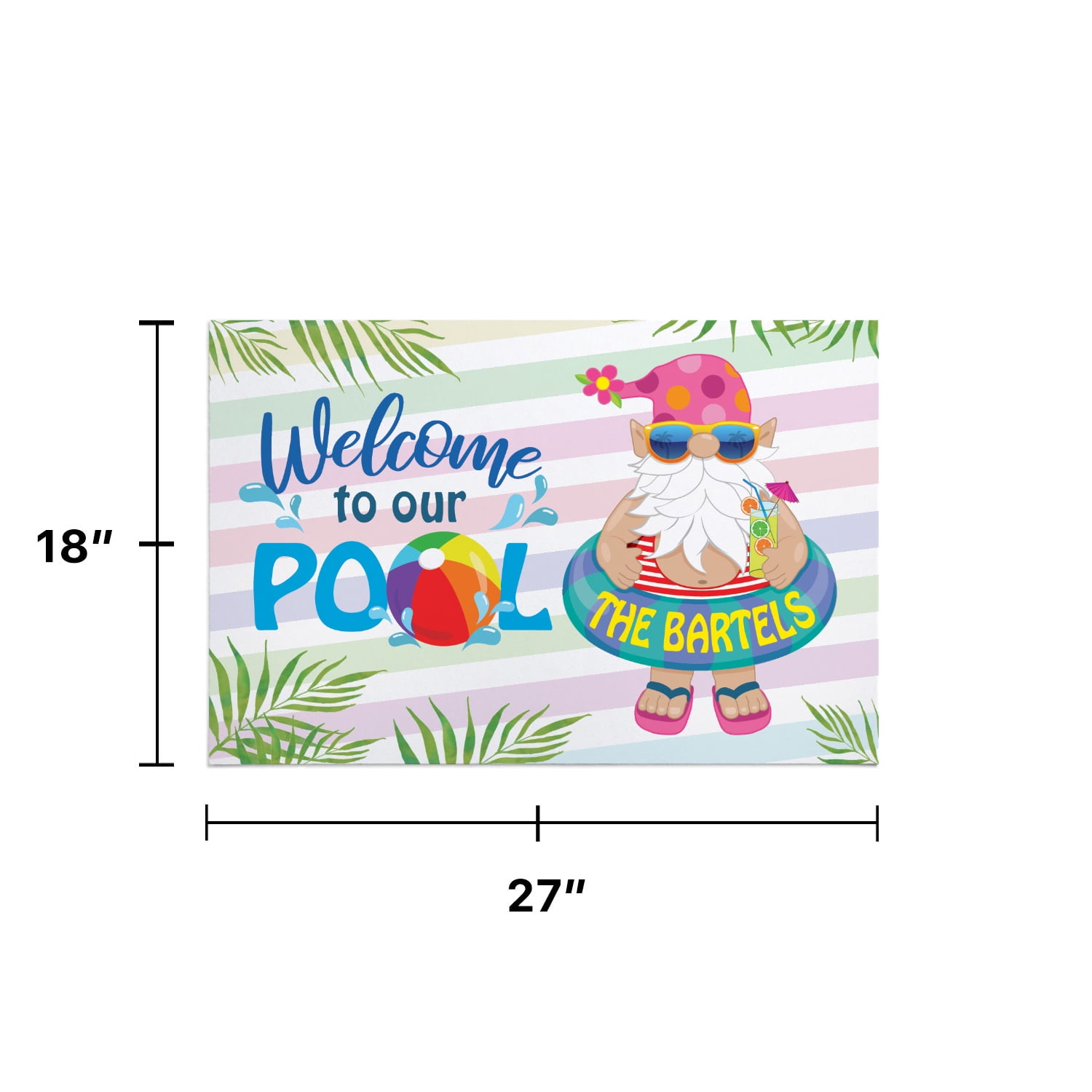 Personalized Planet 27x18 Welcome To Our Pool Doormat with Custom Family Name Printed on Colorful Rectangular 1/4” Thick Non Slip Mat with Gnome Character Design for Patio Deck or Porch