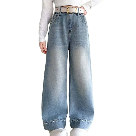 Tiijoy Little Girls Loose Straight Leg Jeans High Waisted Long Denim Pants, Sizes 5-16