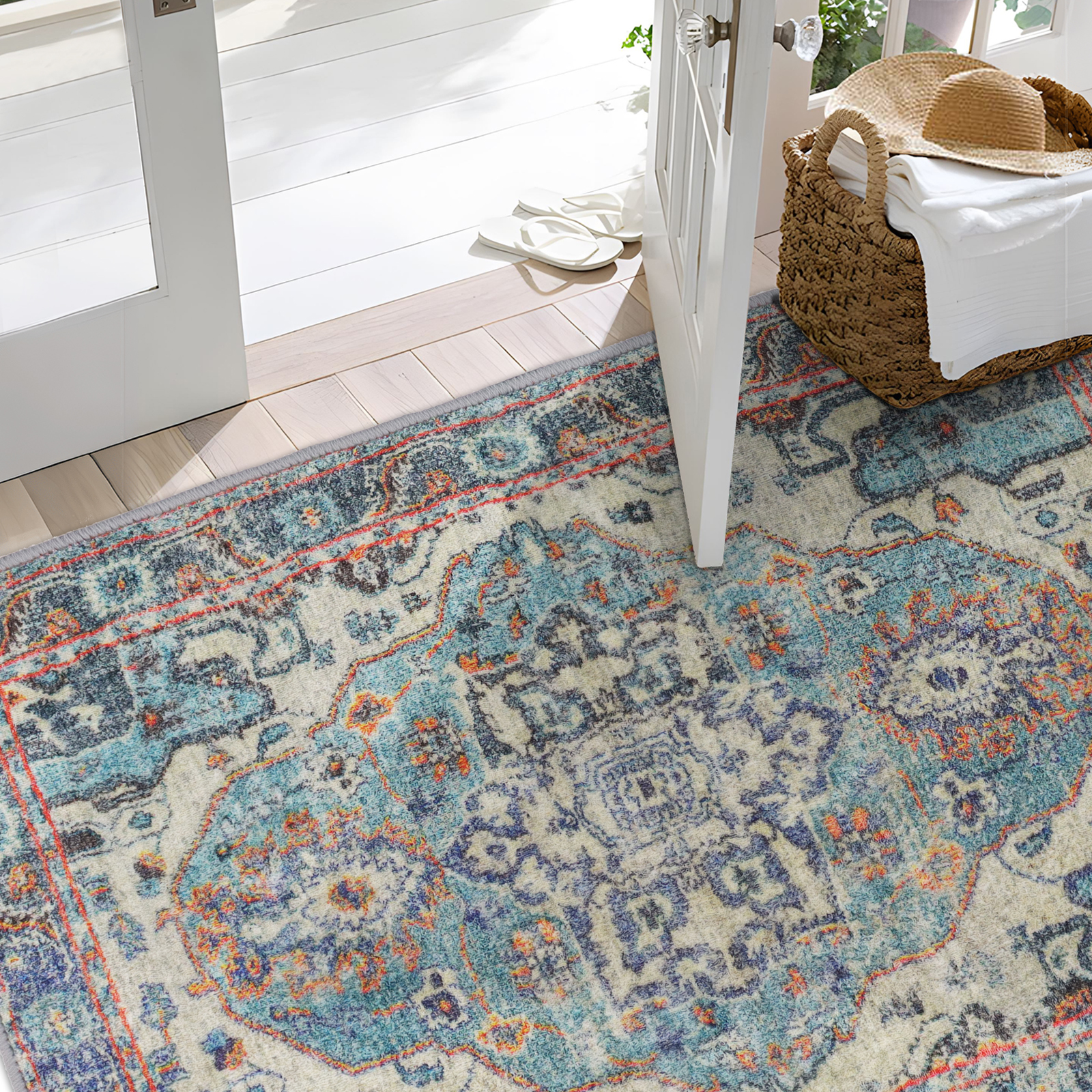 5x7 Area Rug for Living Room - Neutral Blue Floral Vintage Design - Pet Friendly - Boho Washable Rug for Bedroom, Dining Room