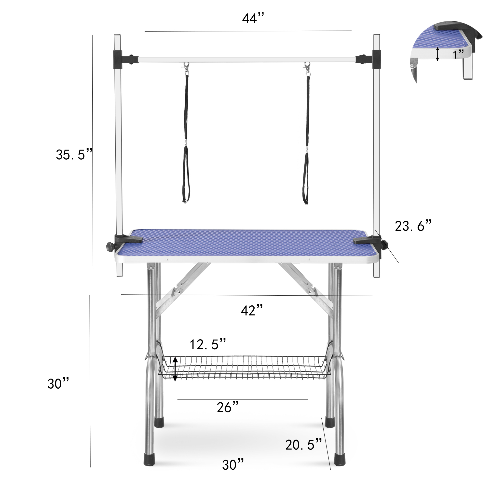 Leumius 42" Folding Pet Grooming Table with Adjustable Arm and Clamps Stainless Steel Frame for Dog and Cat Large Heavy Duty Animal Blue