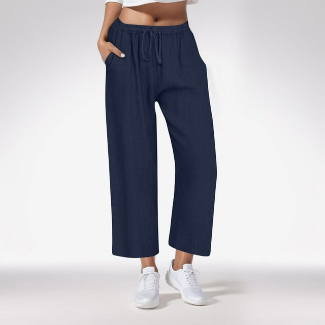 Jsaierl Capri Pants for Women Drawstring Elastic Waisted Wide Leg Casual Capris Plus Size Solid Color Straight Leg Pants Loose Fit Legging with Pockets