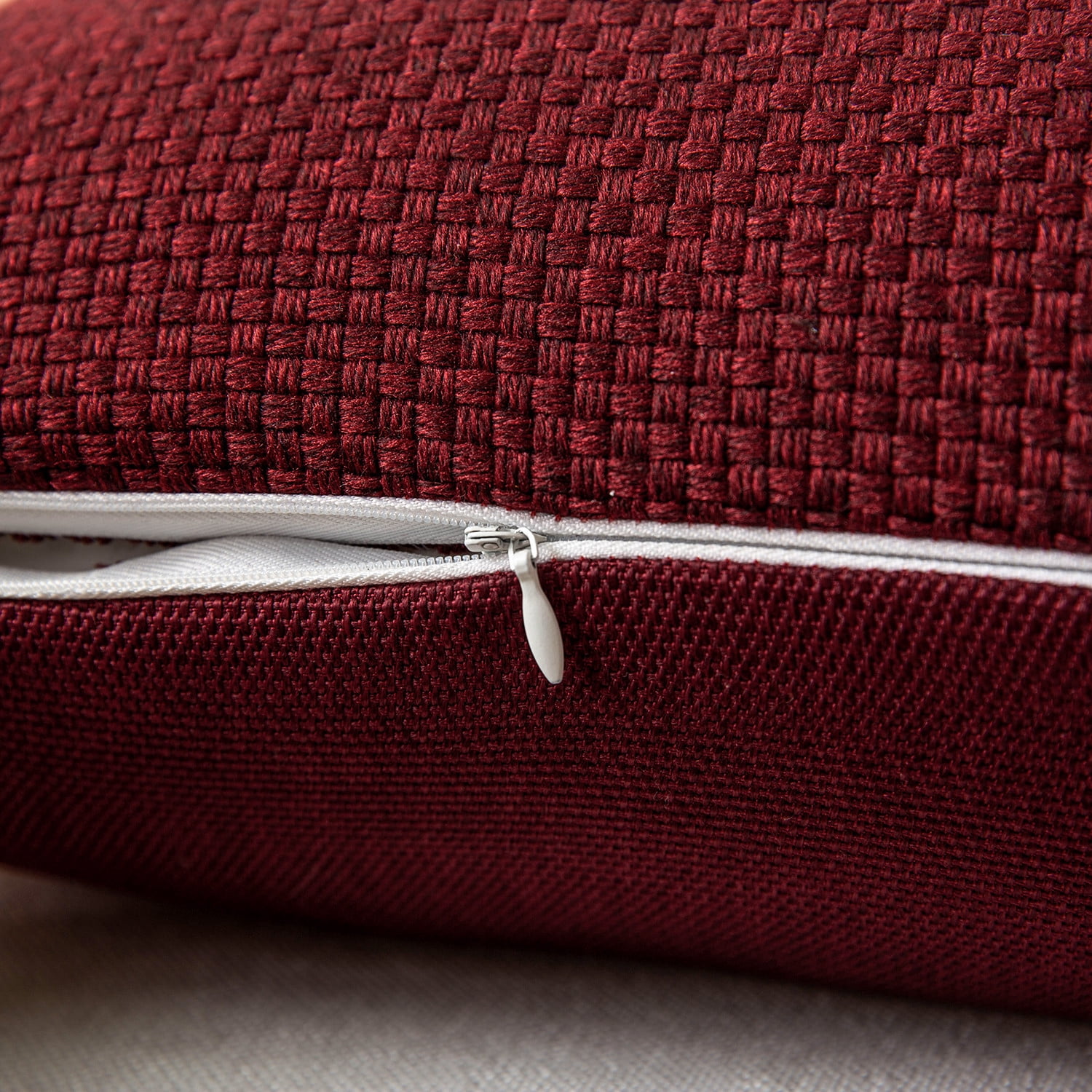 Phantoscope Classic Woven Textured Thick Solid Color Checker Plaid Series Outdoor Decorative Throw Pillow for Patio, 18" x 18", Wine Red, 2 Pack