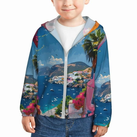 

Qekee Colorful Mediterranean Village Print UPF 50+ Kids Sun-Protective Hooded Long Sleeve Rash Guard for Fishing Water Beach Sports -2 Years