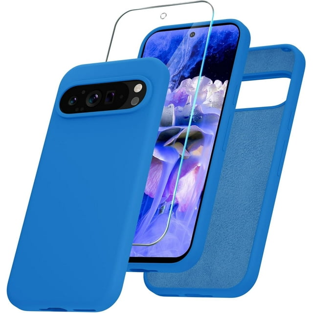 KOMI for Google Pixel 9/9 Pro Case, Silicone Phone Case with 1 Screen Protector, Soft Anti-Scratch Microfiber Lining, Full Body Shockproof Slim Cover Support Wireless Charging, Blue