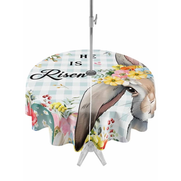 Easter Plaid Outdoor Tablecloth - 60 Inch Round Dining Table Cover, Spring Watercolor Bunny Flower Teal Checkered Waterproof Outdoor Table Cloth with Umbrella Hole & Zipper for Picnic/Patio/Party