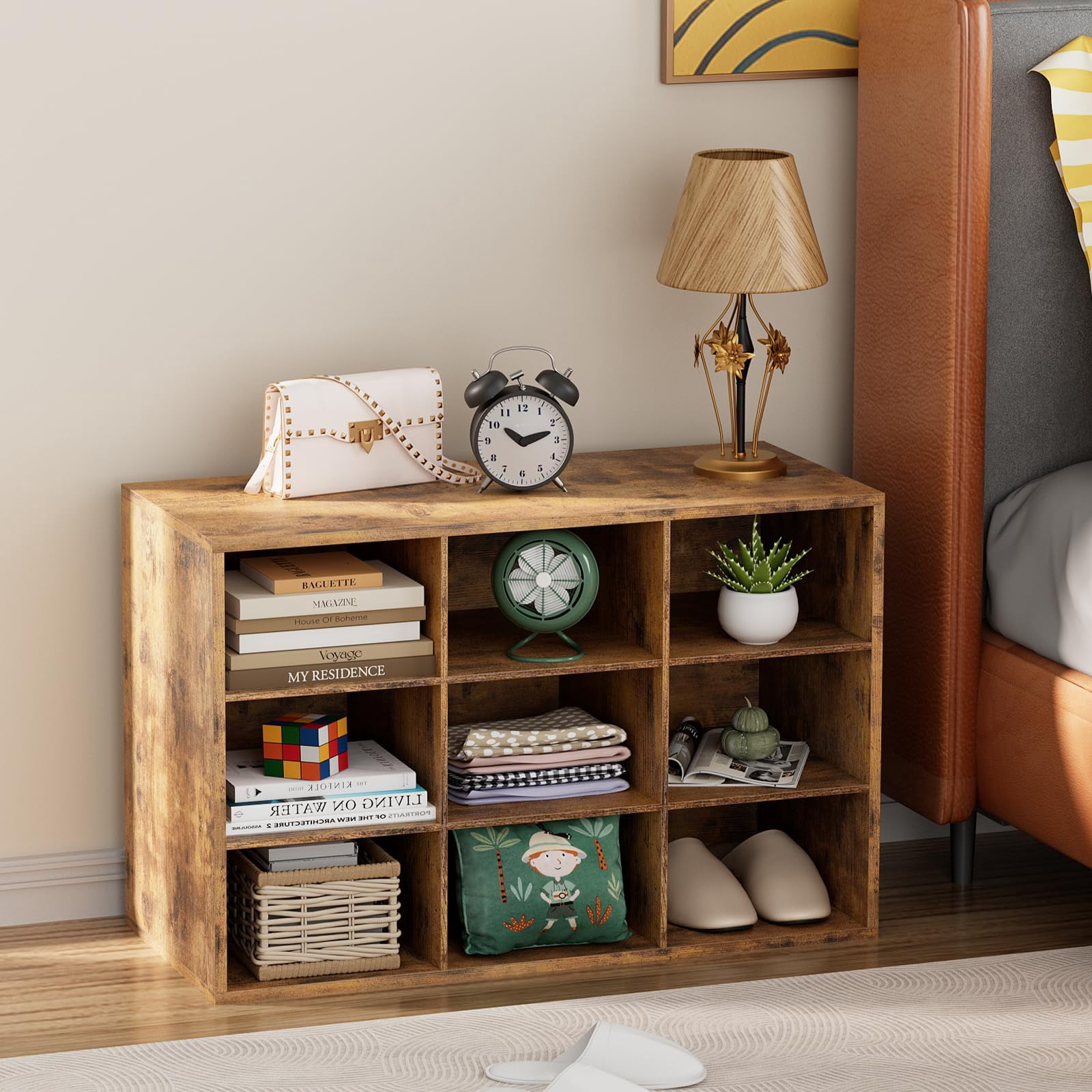 Shoe Storage Bench, Cubby Shoe Rack with 9 Cubbies, 3-Tier Wood Shoe Rack Organizer, Shoe Organizer Cabinet for Entryway, Hallway, Closet and Garage, Brown