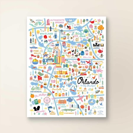 Orlando Fl Map Art Wall Decor City Map Orlando Florida Art Print Poster Whimsical Illustration Day Version, Poster Only