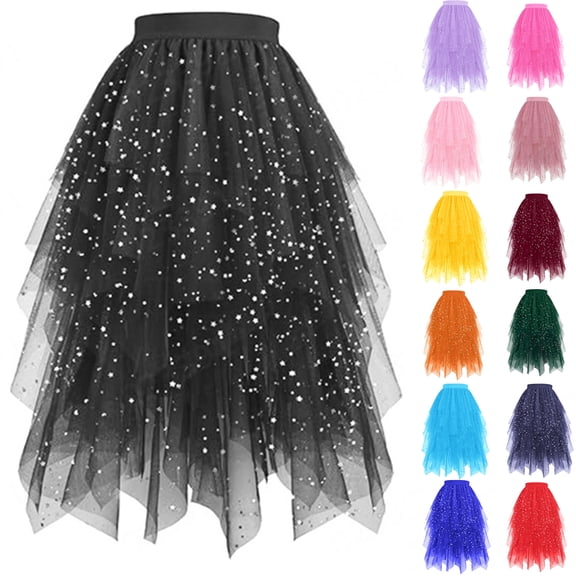 Women's Solid Tulle Skirts High Low Layered A-line Skirt Irregular Tutu for Women - Puffy Fairy Skirt Elastic High Waist Sparkly Dance Skirts - Skirts for Daily Party Club Black L