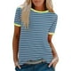 thumbnail image 1 of Blusas para las Mujeres Casual, Rayas Impresas Patchwork Manga Corta Cuello Redondo Top Hecho de 95% Poliéster 5% Spandex para el Verano, Tops Cortos para las Mujeres, 1 of 4