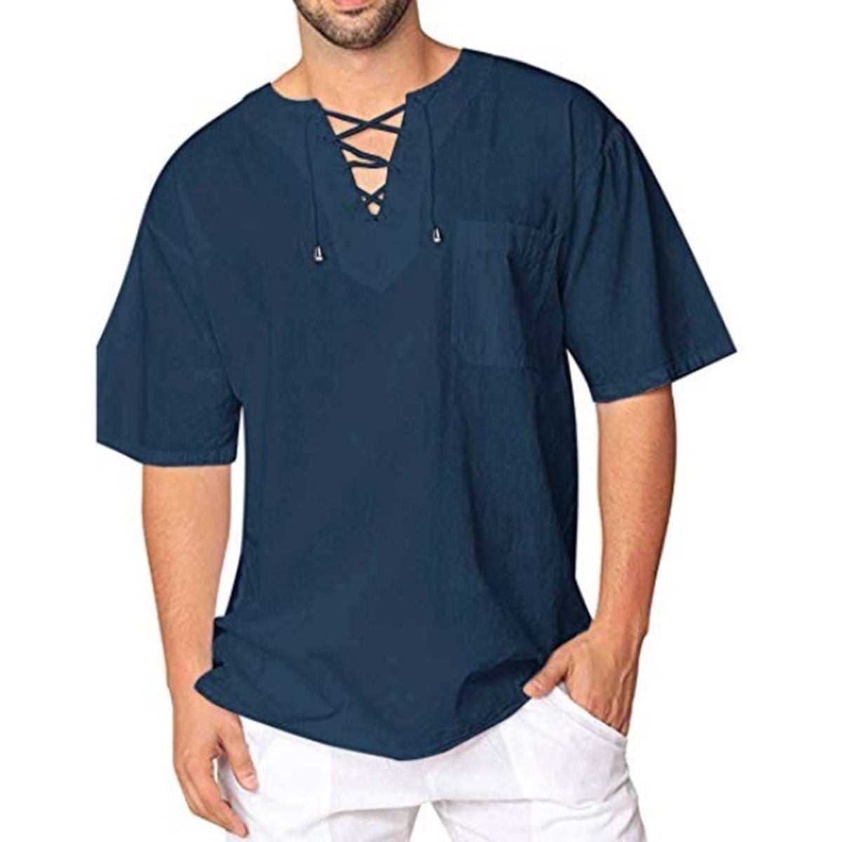Pandaie Mens Shirts Blouse Linen Shirt Short Sleeve Button Down V-Neck Casual Vintage Tank Top Weste 