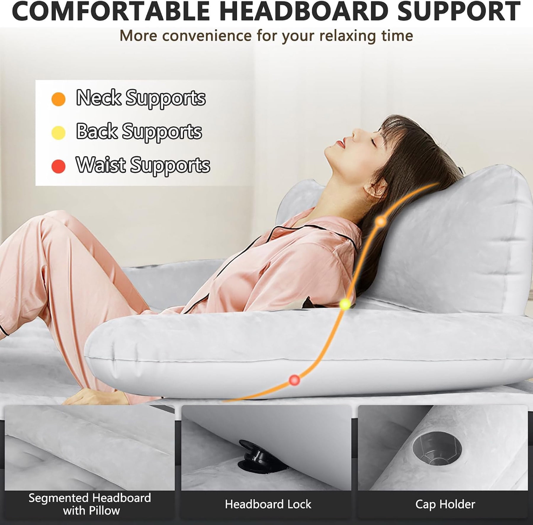 Beuway 19"Queen Air Mattress with Headboard & Pump, Inflatable Portable Comfort Airbed for Travel Home,661lb Max,Gray