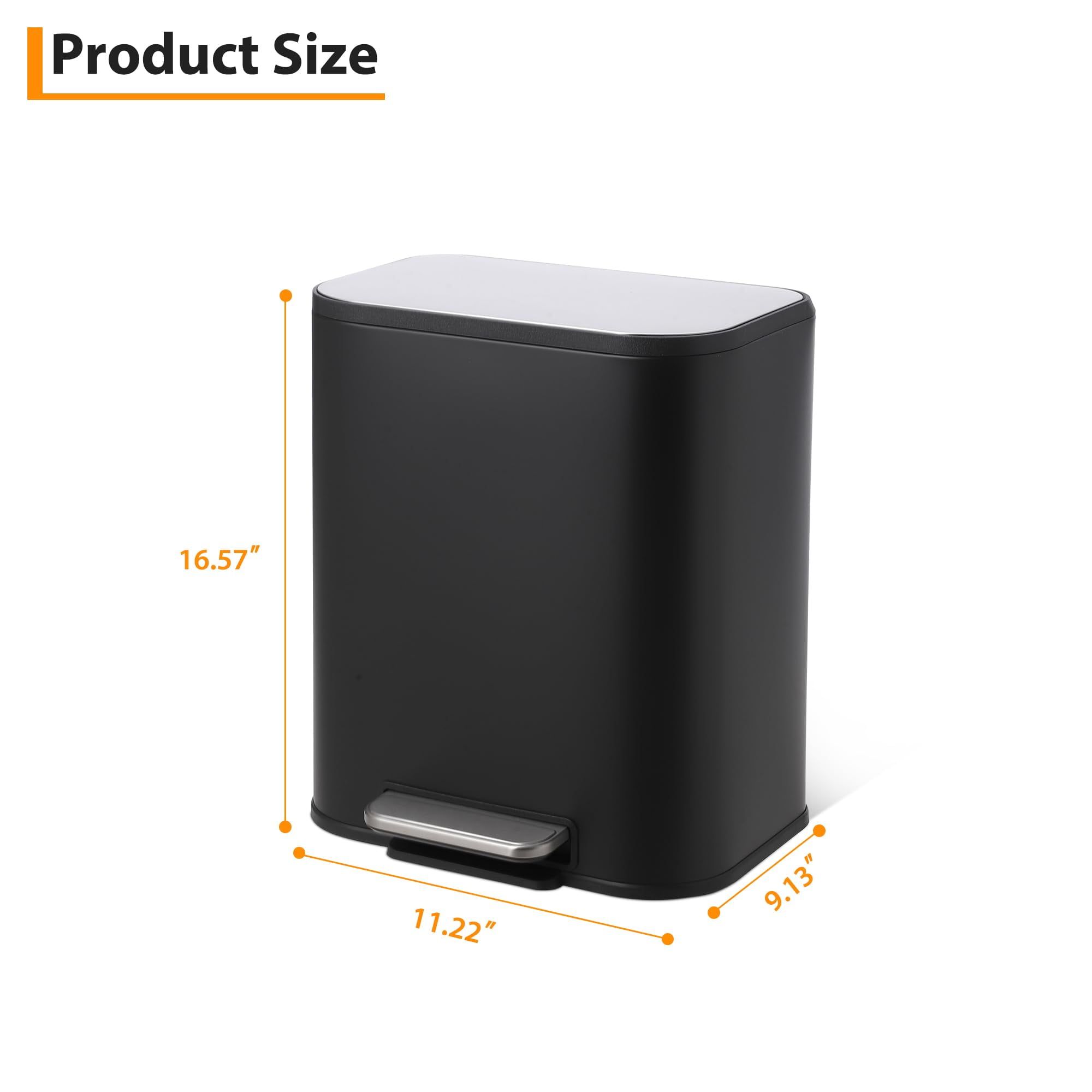 TROPOW Kitchen Trash Can,Stainless Steel Garbage Can with Lid, Step-On Pedal and Inner Bucket, Rectangular Trash Can for Home Kitchen Office Living Room
