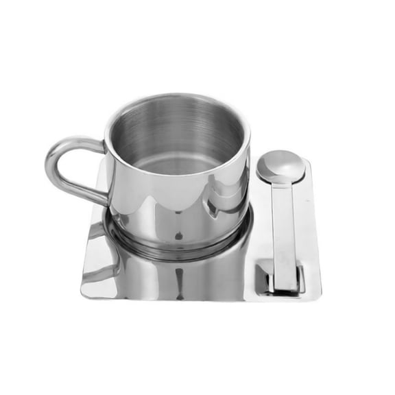 FGXMBXG Stainless Steel Italian Espresso Cup and Saucer Set (with Spoon) - Double-layer insulated coffee cup set, three-piece minimalist industrial style coffee, silver