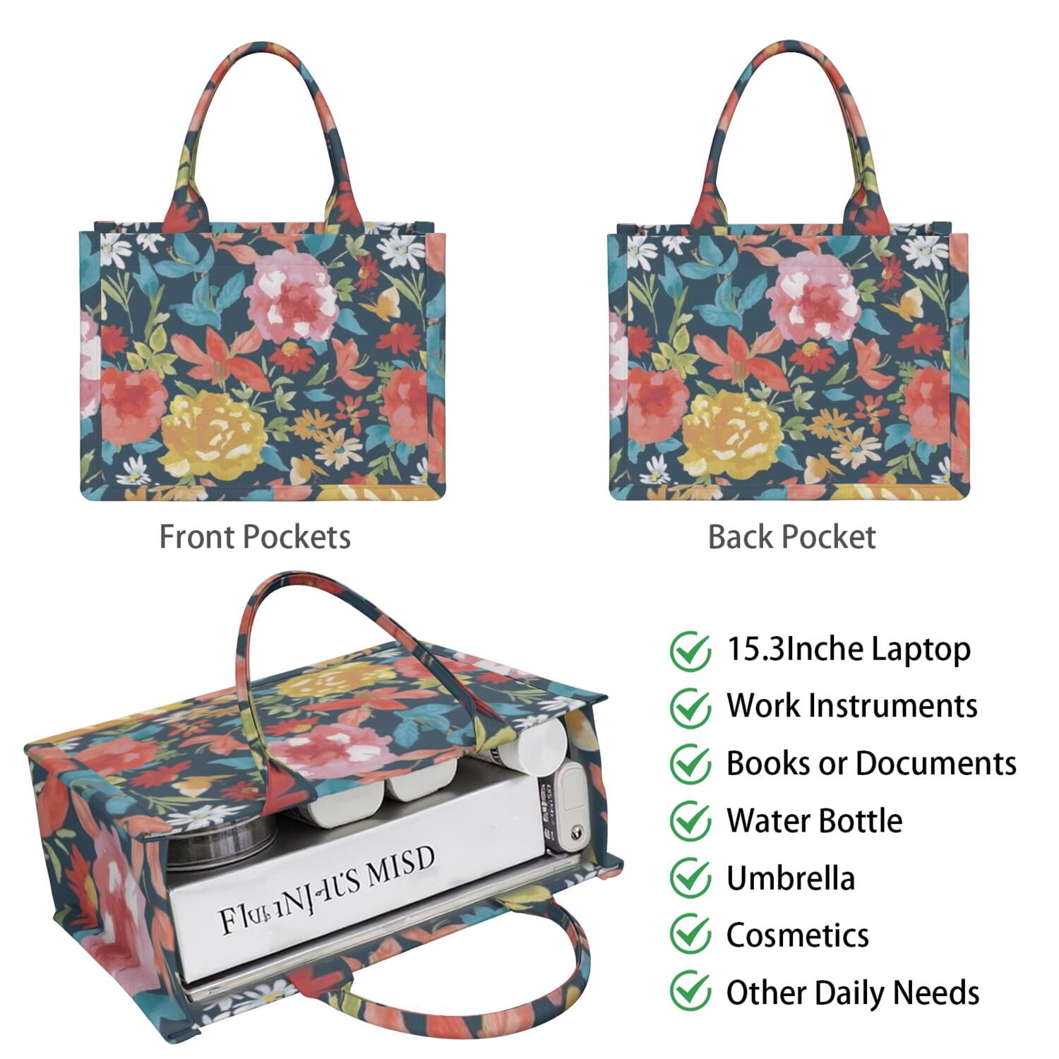 Large Capacity Tote Bag,Pioneer Flower Floral Print Pattern Handbag Fashion Luxury Tote Bag,15.7"x13"x 5.1" Inches,Laptop Compatible