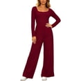 thumbnail image 2 of Bloomae Long Sleeve Jumpsuit for Women Trendy Fall Outfits Loose Fit Casual Ruched Elastic High Waist One Piece Square Neck Wide Leg Pants Romper With Pockets, 2 of 4