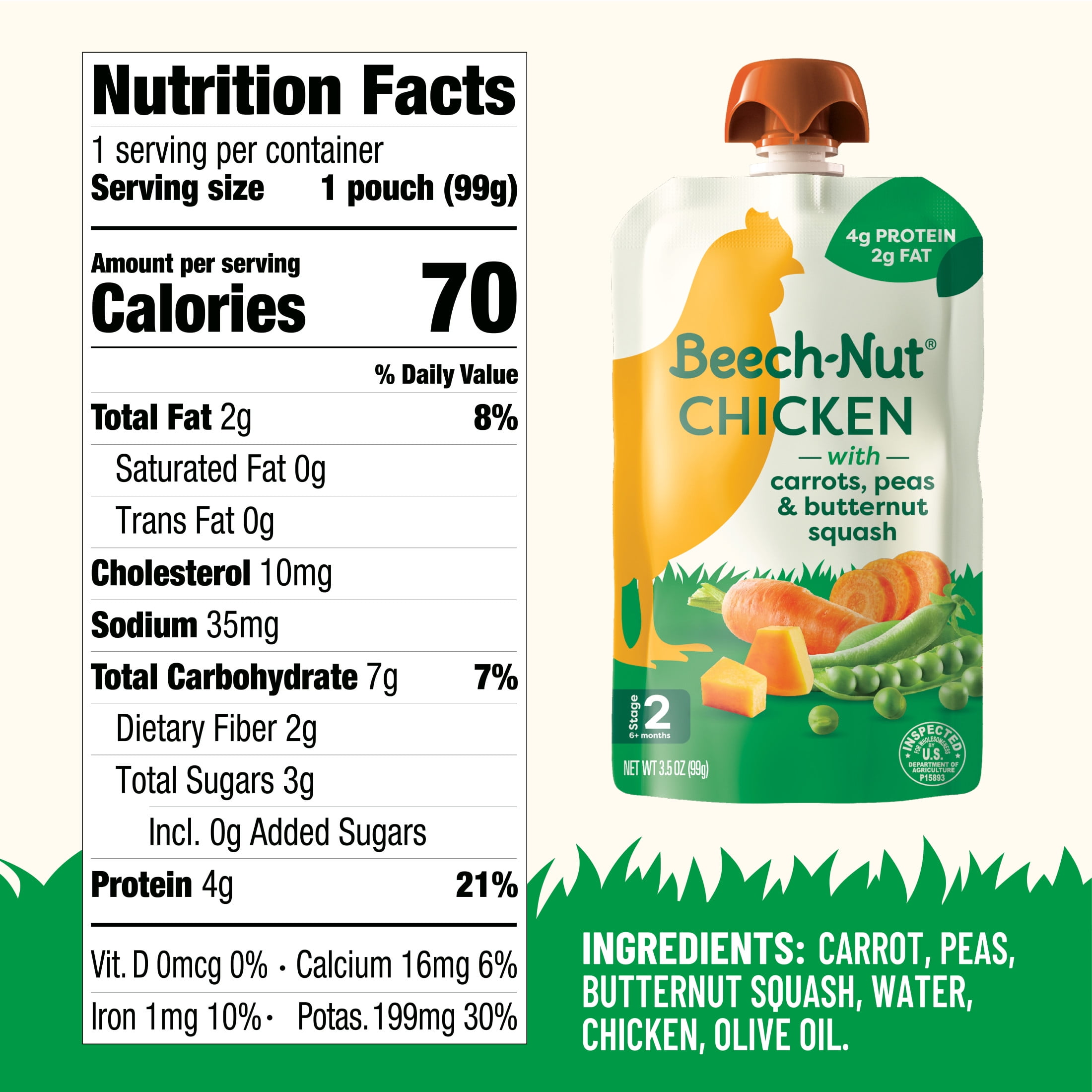 (12 pack) Beech-Nut Chicken Stage 2 Baby Food, Chicken Carrots Peas & Butternut Squash, Puree Meat Baby Food Pouch, 3.5 oz Pouch