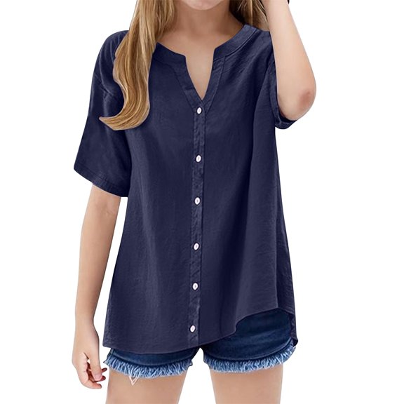 KAUOD Teen Girls Linen Shirt Cotton 3/4 Short Sleeve Button Down Henle𝐲 Shirts Kids Summer V Neck Casual Blouses Gauze Solid Tuni𝐜