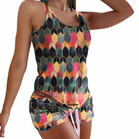 

MINZON Women Sleepwear Tank Shorts Pajamas Set Summer Home Casual Loose Breathable Two Piece Suit