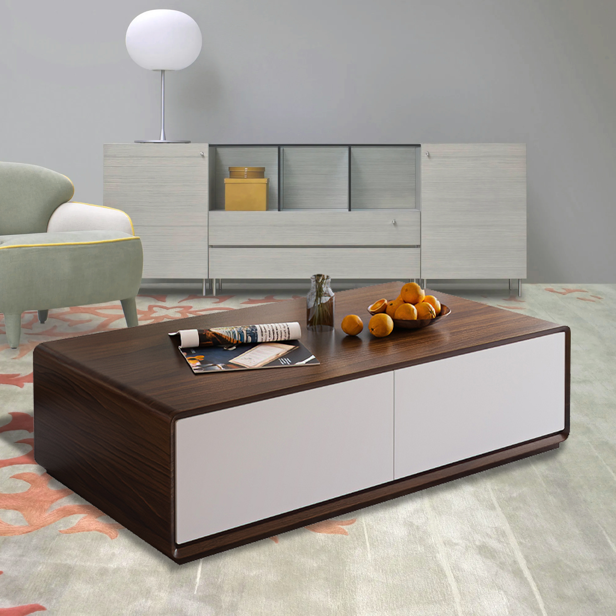 Modern Rectangular Coffee Table, Wood Coffee Table with Storage, 4 Solid Wood Drawers, Fully