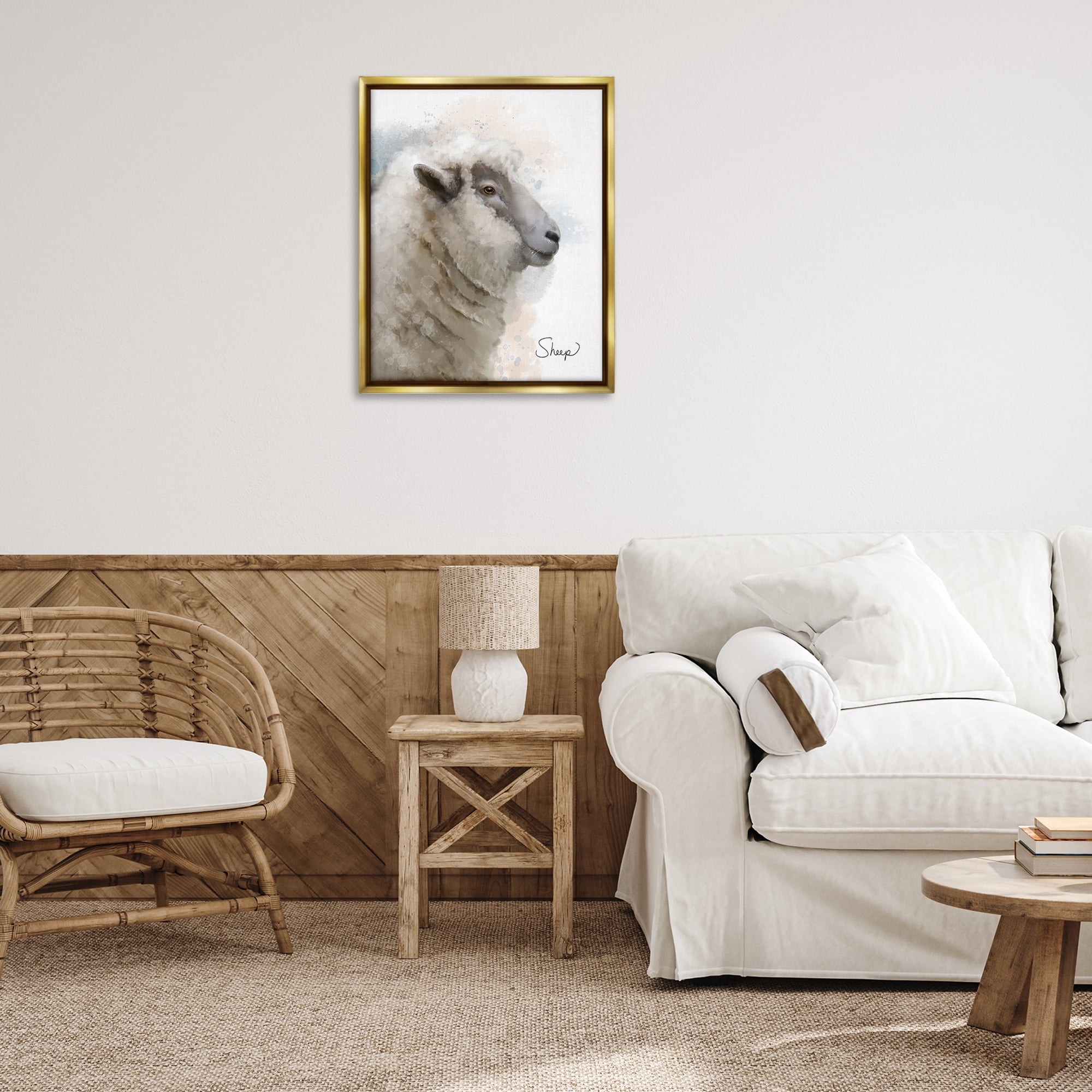 Stupell Industries Smiling Farm Sheep Animals Painting Gold Floater Framed Canvas Art Print Wall Art, 25 x 31